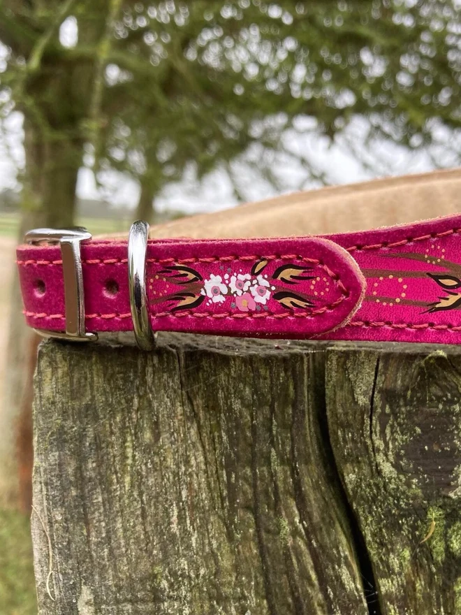 pink floral hand painted leather dog collar