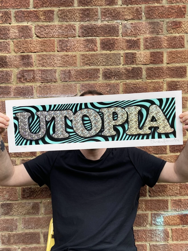 metallic Hot Foil Stamp "Utopia" typography Swirl background  Hand-Pulled Screenprint