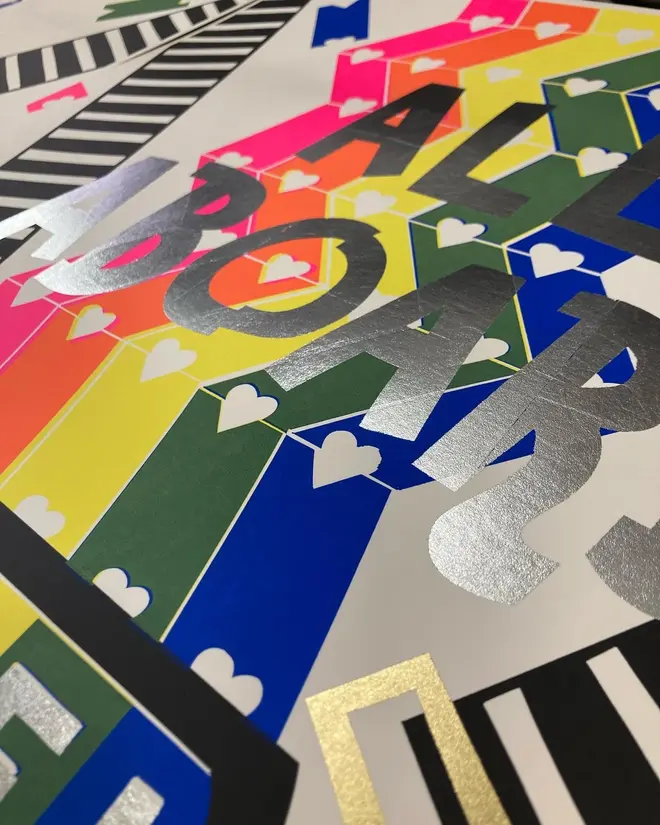 'All Aboard' Screenprint, a colourful screenprint. The screenprint reads 'All aboard, free love for all'. 