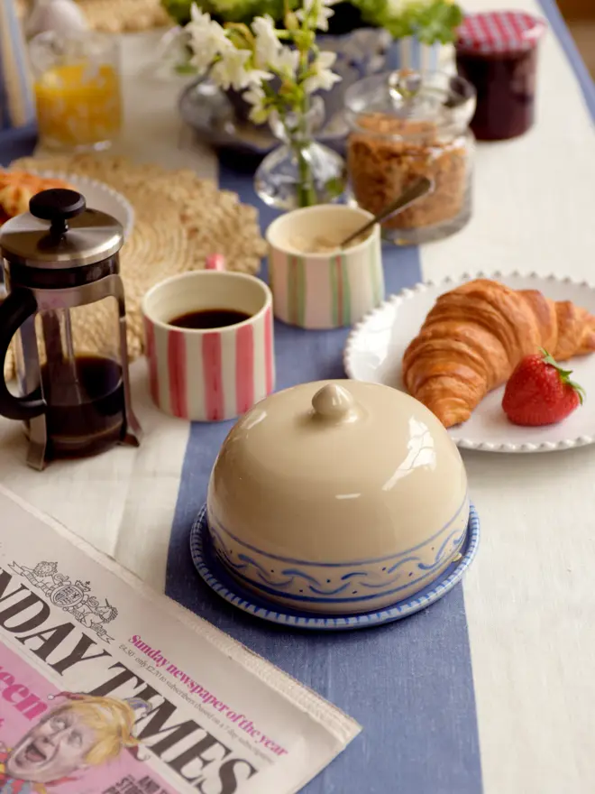 blue and white ceramic butter dish