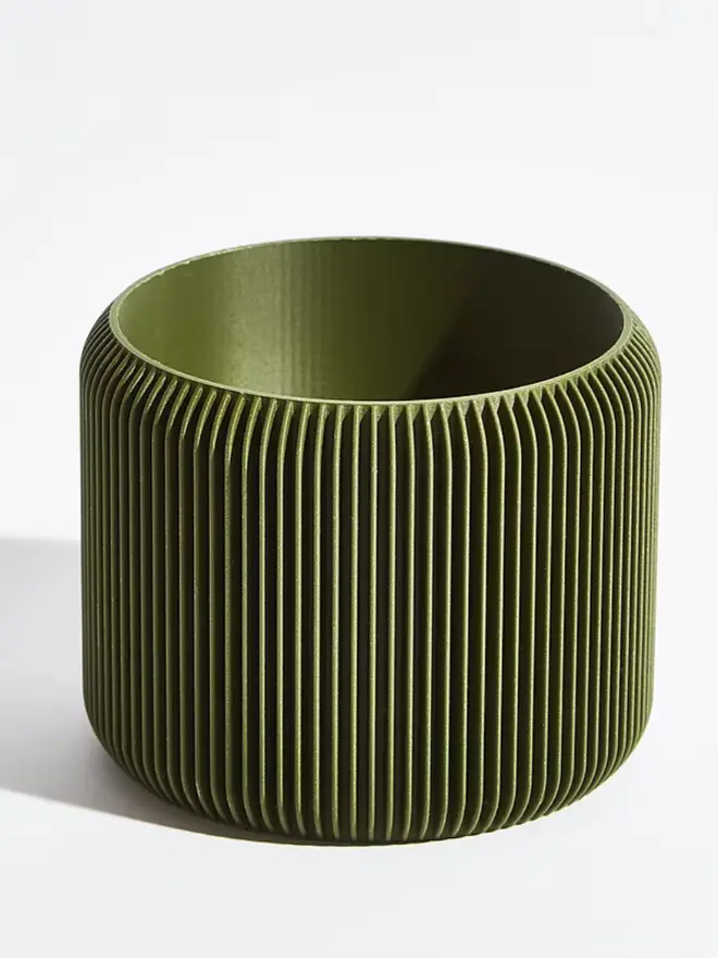Sustainable 3D Printed Forest Green Plant Pot, turbin design against a white background.  