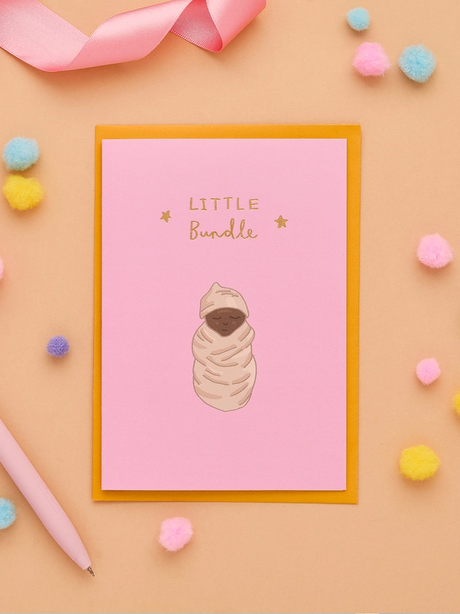 Little Bundle New Baby Card in Pink