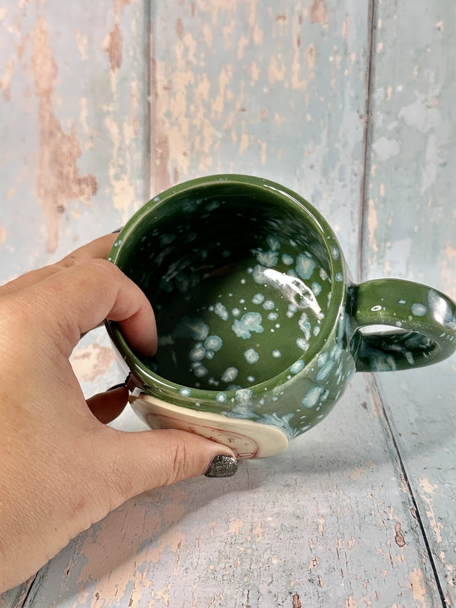 Green Christmas Snow Globe Mug, Handmade Ceramic Cup