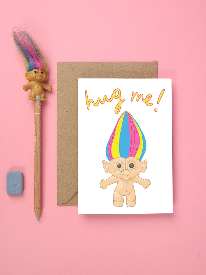 Bright and colourful greeting card featuring a iconic troll toy from 1980s