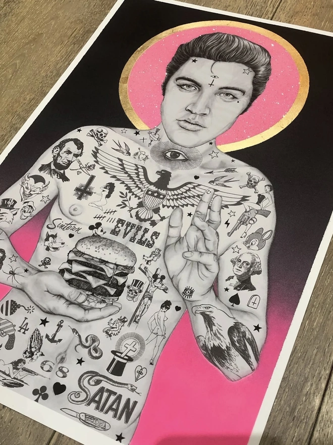Elvis Burger King (Pink Glitter Halo) Print