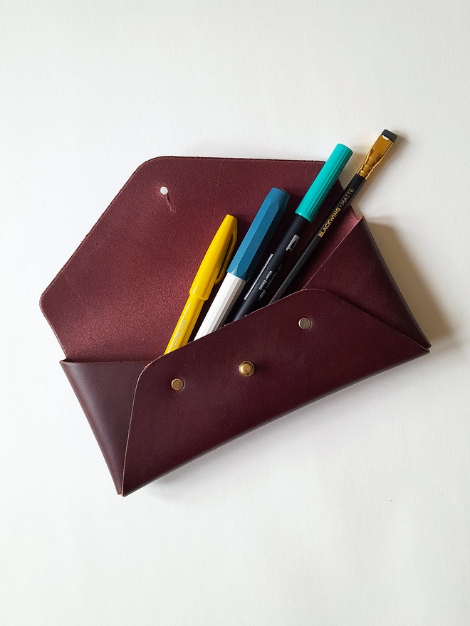 Meticulous Ink Leather Pencil Case - Top view of open case with pens
