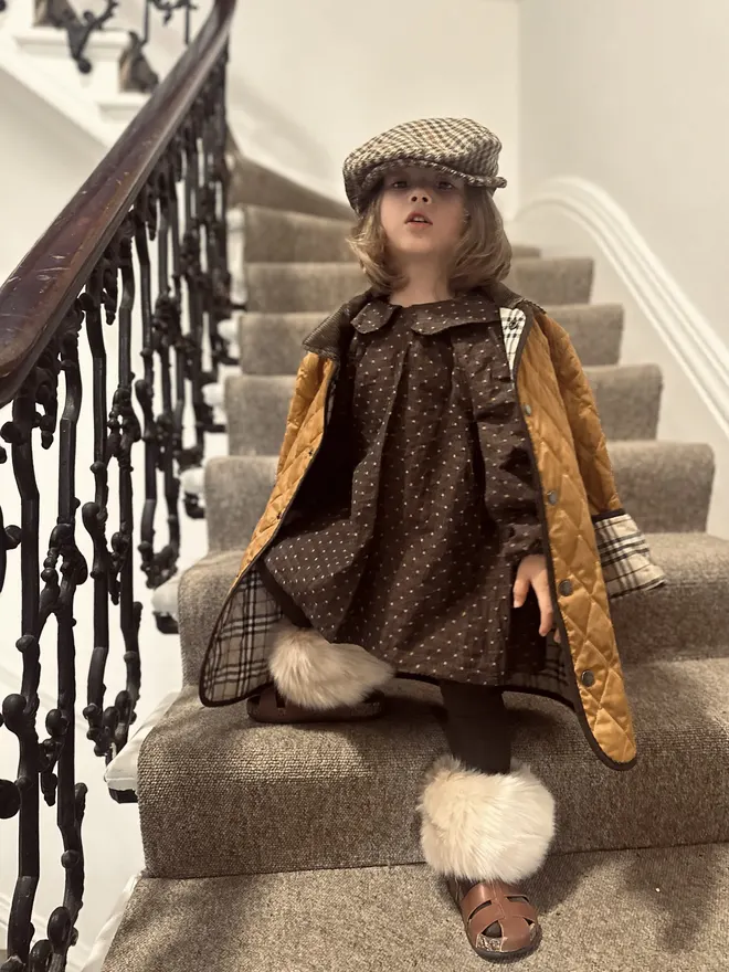kids Peter Pan colour blouse dress dotty brown