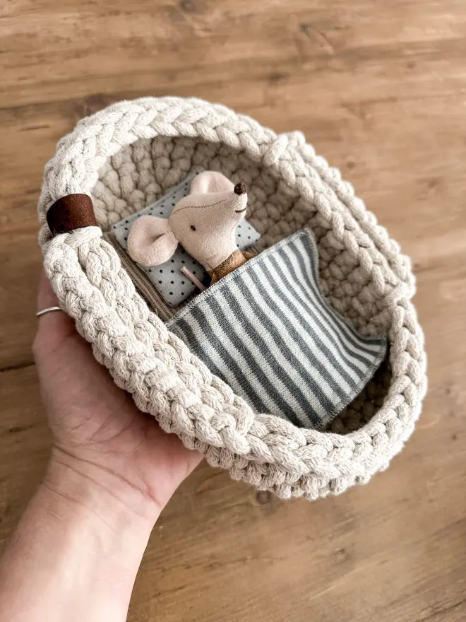 maileg mouse in a moses basket