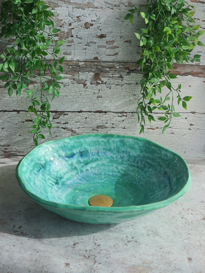 ceramic bathroom basin, unique bathroom basin, handcrafted bathroom basin, handmade bathroom basin, handmade sink, handcrafted sink, bespoke, basin, bespoke sink, green sink, green basin, Jenny Hopps Pottery, sculptural basin, sculptural sink, luxury bathroom basin