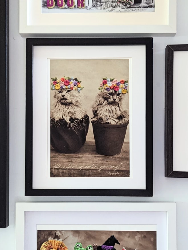 B&W photo print of 2 kittens in flower pot with coloured embroidered flower crown in frame on wall