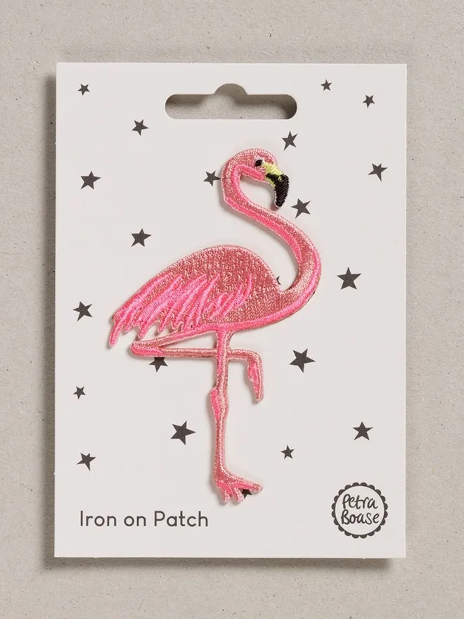 Flamingo embroidered iron on fabric patch for upcycling.