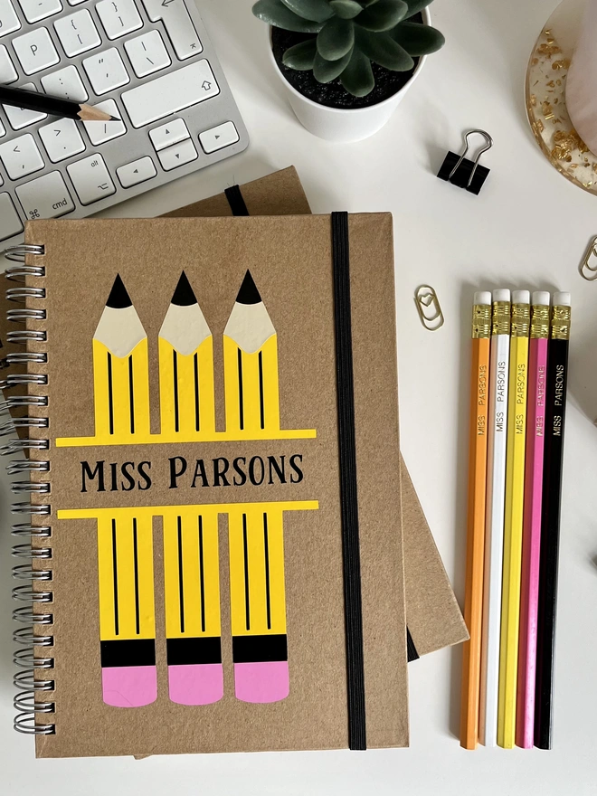 A5 Notebook with yellow pencil design & 5 HB pencil set