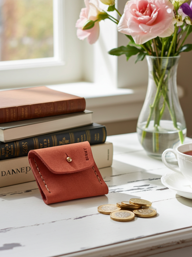 pink leather coin purse with a vase of pink flowers and pile of books