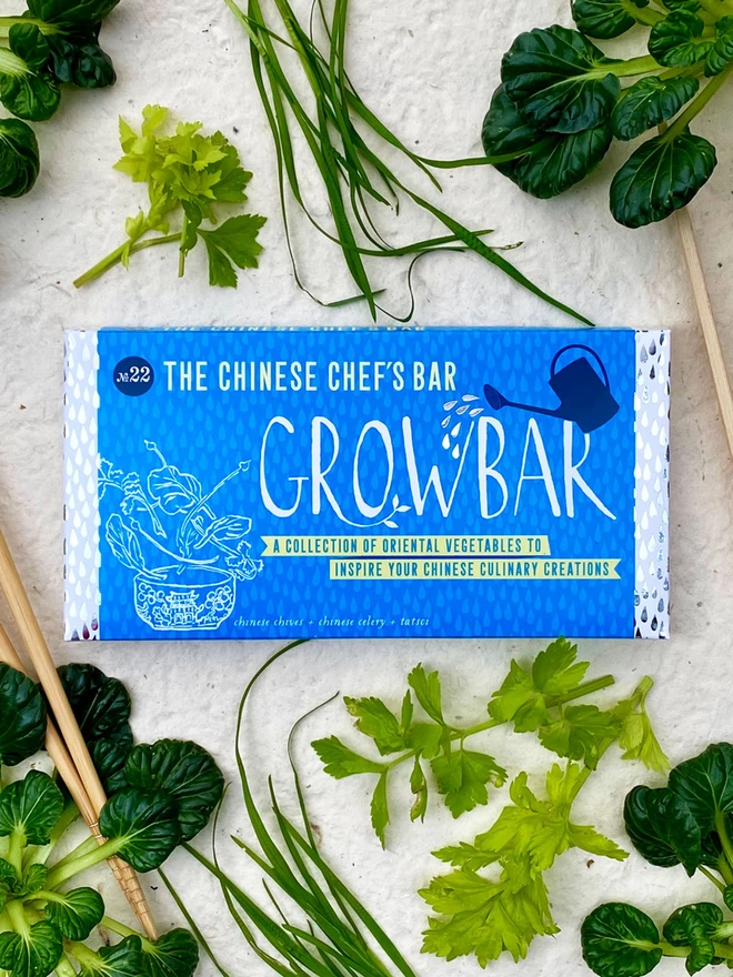 The Chinese Chef's Growbar surrounded by tatsoi, garlic chives and chinese celery. 
