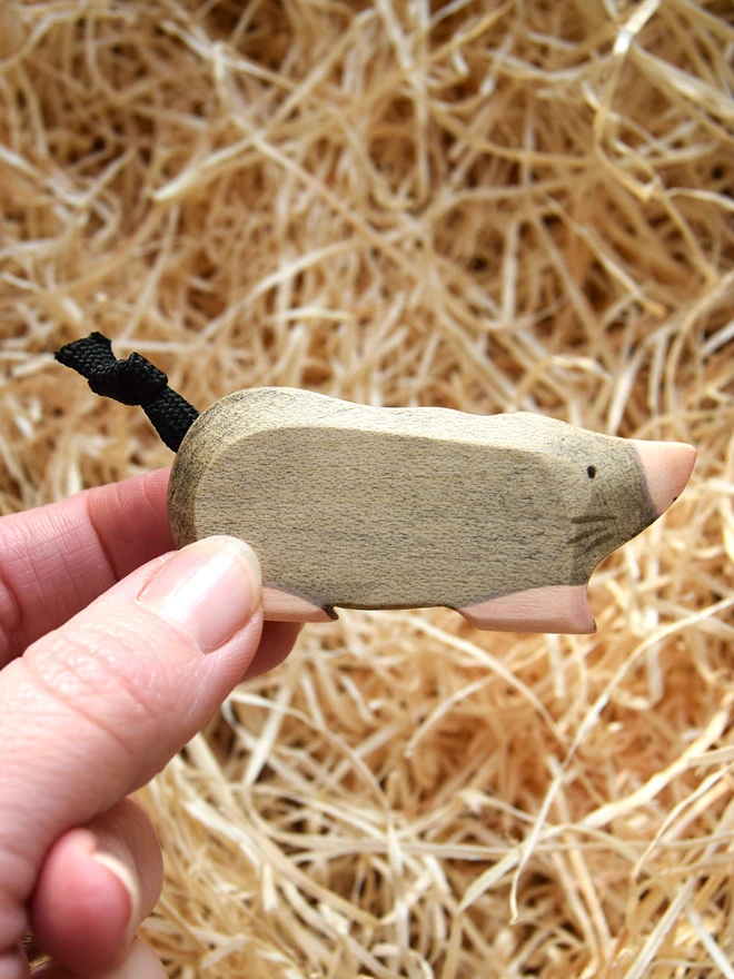 wooden tyo mole being held by hand above woodwool