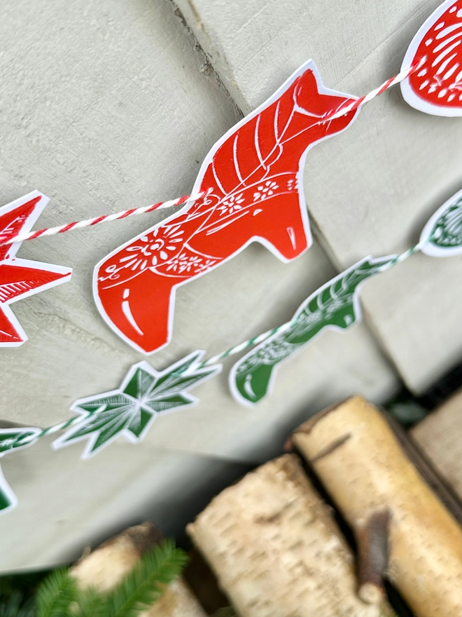 Traditional Nordic Dala Horse Christmas Linocut Garland