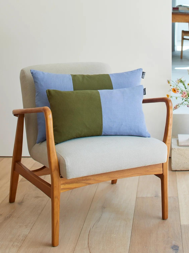 Colour Block Linen Cushion – Denim/Jungle