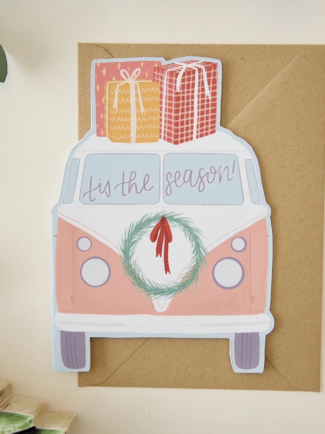 Illustrated festive camper van cutout Christmas card 