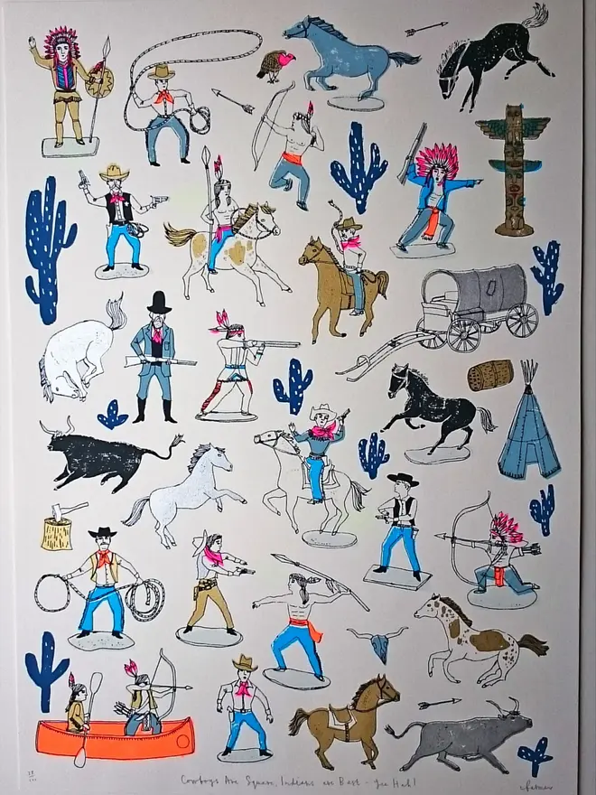 Cowboys Are Square, Indians Are Best Yee Hah!, a collection of colourful cowboy designs on a white screenprint. 