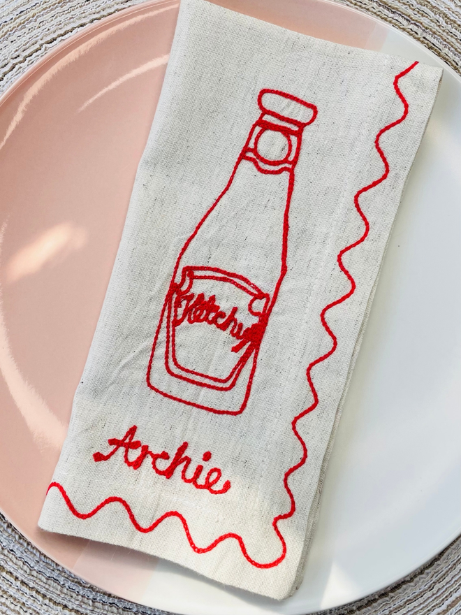 Embroidered ketchup personalised napkin