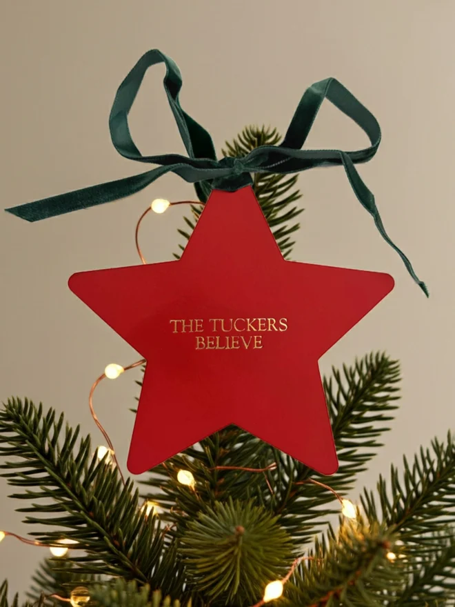 Red Leather tree topper with gold lettering