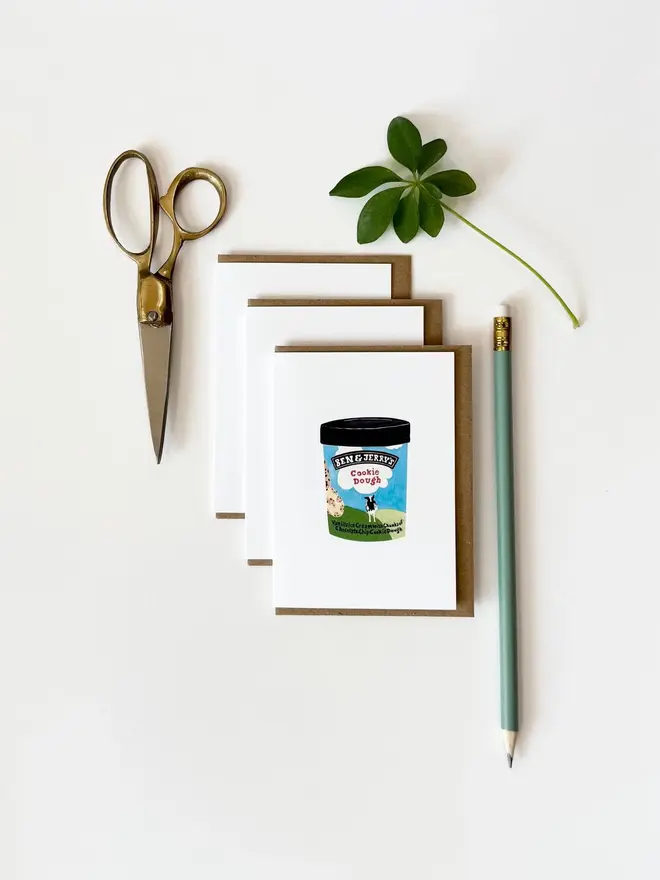cookie dough ice cream mini cards (pack of 3). card set photographed against plain white background.