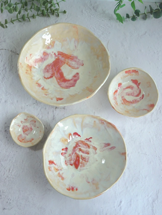 Nesting set of 4 bowls, dream catcher and rose, Jenny Hopps Pottery