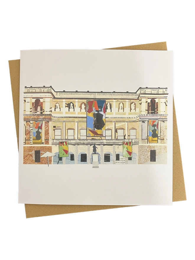 A greetings card showing a paper collage of the Rijksmuseum with a brown envelope on a white background 
