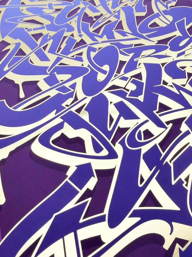 Blue And Purple Graffiti Alphabet Metallic Gold Foil Print, close-up. 