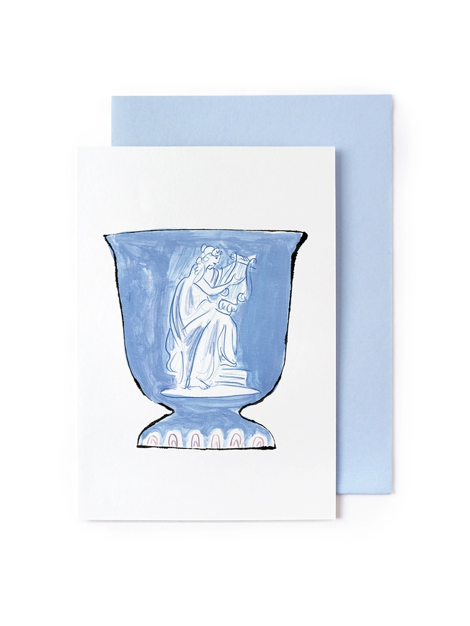 Greeting card featuring a pen and ink illustration of a Wedgwood blue and white Jasperware ceramic vase with Greek Goddess playing a Lyre. 
