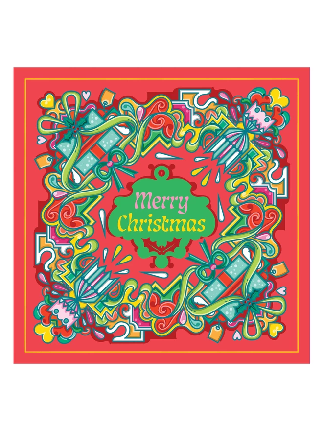 An abstract, square Christmas card design, with Merry Christmas in the centre, surrounded by a multi-coloured design including crackers and presents, on a red background.