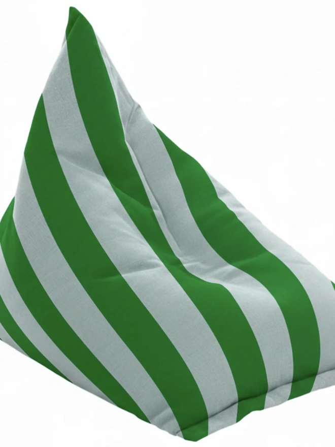 Hand Painted & Repurposed Linen Bean Bag Striped Chair, a colourful moss green striped bean bag chair against a white background.