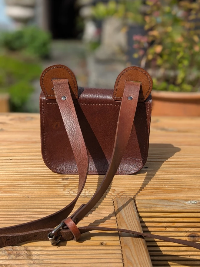 handmade brown kids bear cross- body bag, view of bag back.