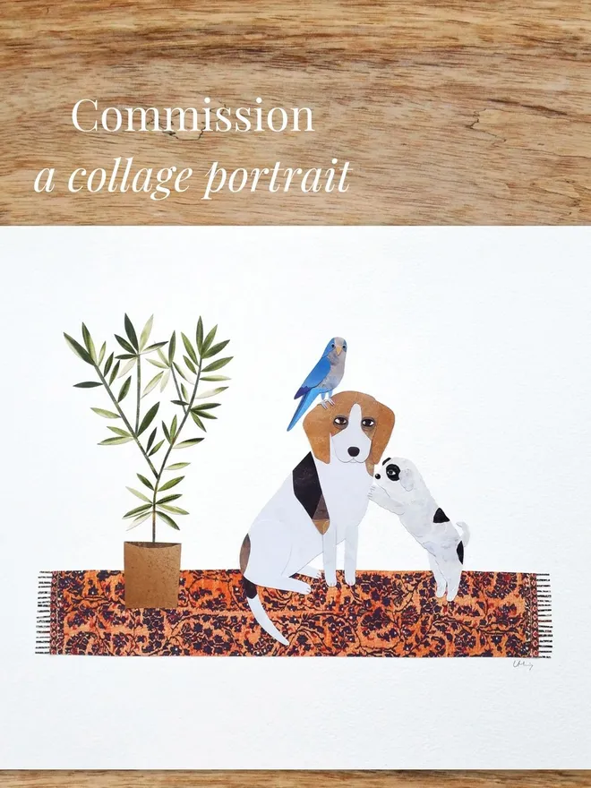 Commission a collage pet portrait by Lianne Harrison of Paperwhale Cards & Paper Goods