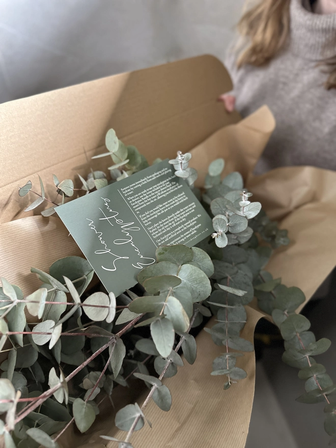 Eucalyptus bundled in a postal box