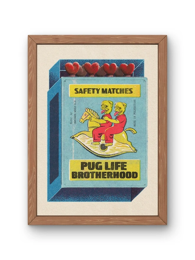 A light blue matchbox with a yellow label that reads "SAFETY MATCHES" at the top and "HAPPY BIRTHDAY" at the bottom. The matchbox is partially open, revealing five red heart-shaped match heads. The main illustration on the matchbox features two yellow, dog-like figures with red outfits and long red tongues, riding a single yellow rocking horse. Text on the side of the illustration reads "Distr. by Caridade World M.G." and "MADE IN THE U.K."