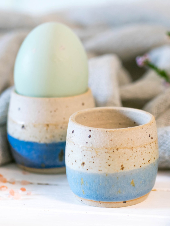 Blue Ceramic Egg Cups and Plate