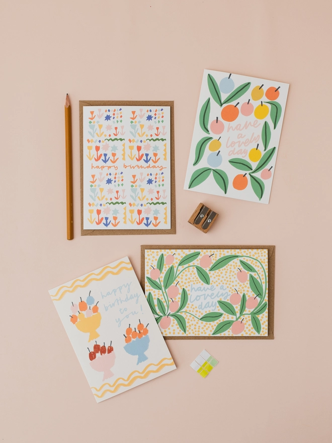'Happy birthday' Fruit card with a selection of other Letterbox Lane cards