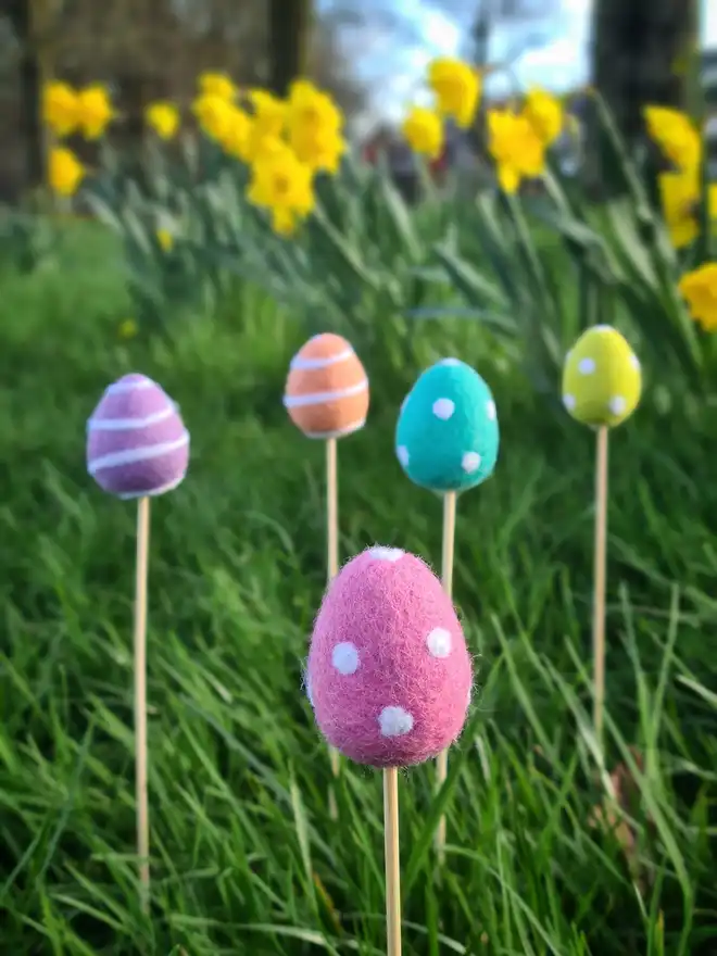 felt Easter eggs on bamboo sticks