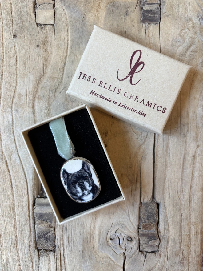 Pet portrait miniature pendant in gift box with velvet ribbon