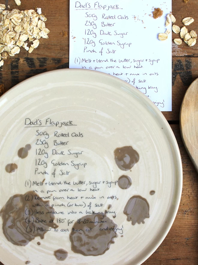 handmade ceramic plate with handwritten recipe