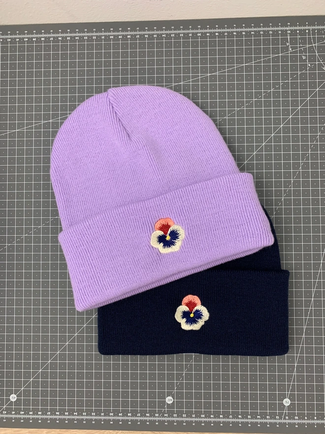 Embroidered Flower Beanie - Navy & Lavender