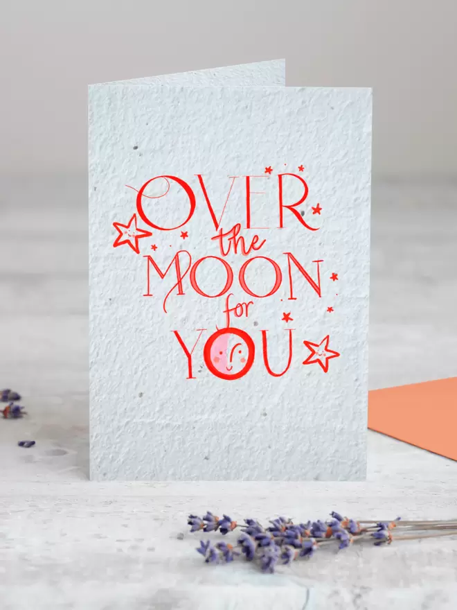 Plantable Card with ‘Over the Moon for you’ with star illustrations with a sprig of Lavender in the foreground