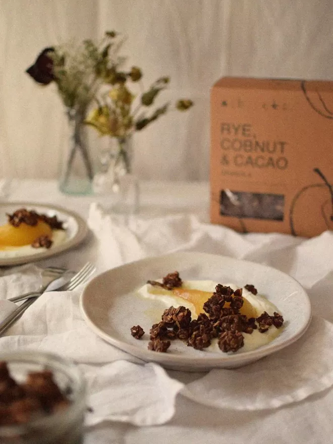Rye, Cobnut & Cacao Granola In Bowl With Yoghurt