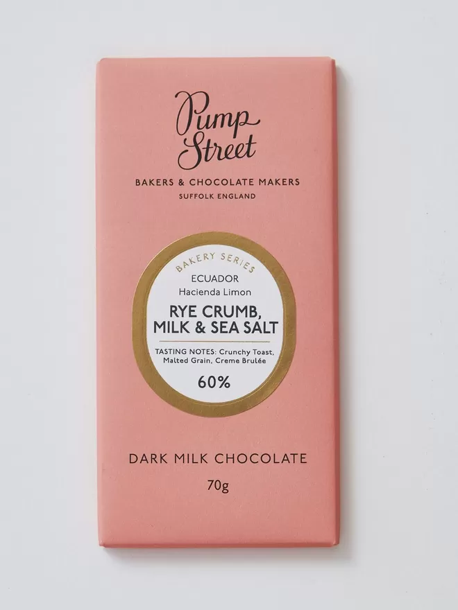 Front of Pump Street Chocolate Rye Crumb, Milk & Sea Salt 70g Chocolate bar on a plain background