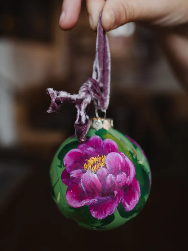 hand painted pink peony bauble