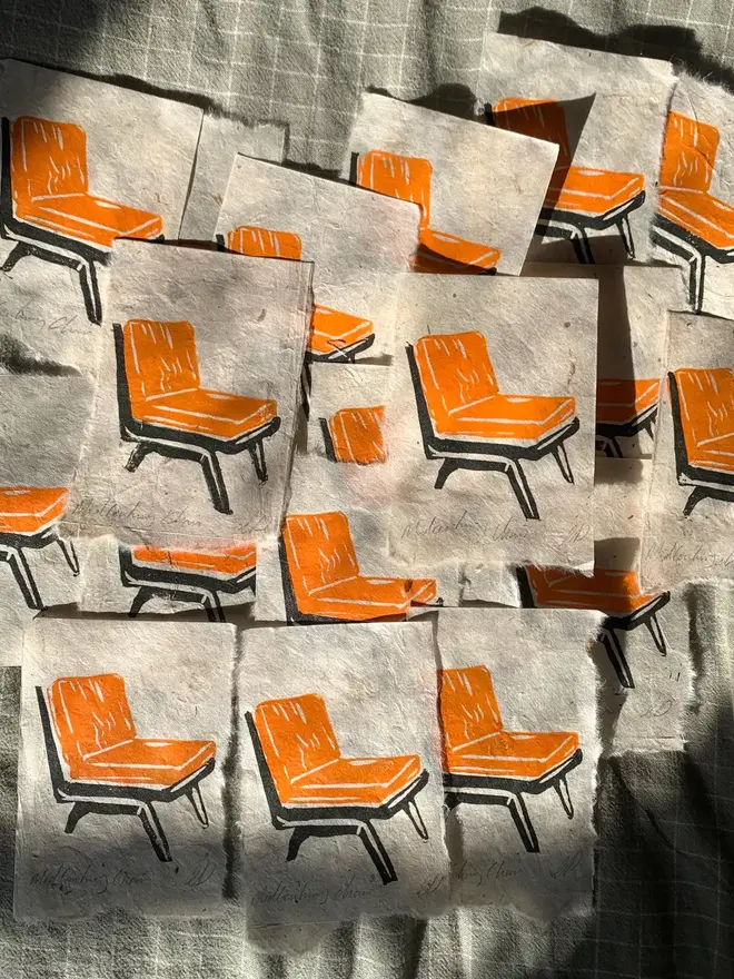 Mid Century Chair Mini Lino Print On Handmade Paper