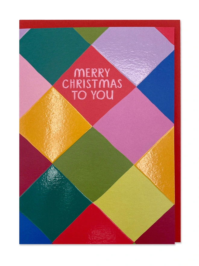 Bright, Colourful & Joyful Harlequin pattern Christmas Card ‘Merry Christmas to you’ | Raspberry Blossom