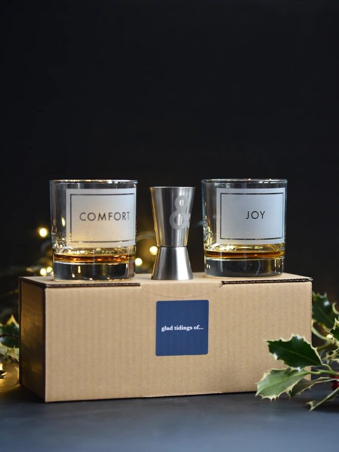 comfort joy glad tiding whisky spirits glass