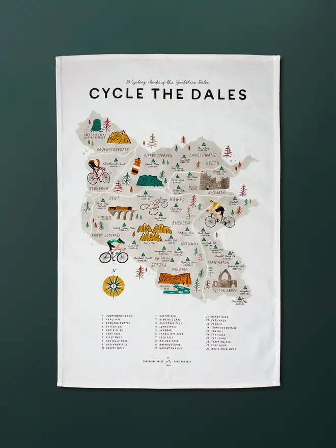 cycle yorkshire dales tea towel map